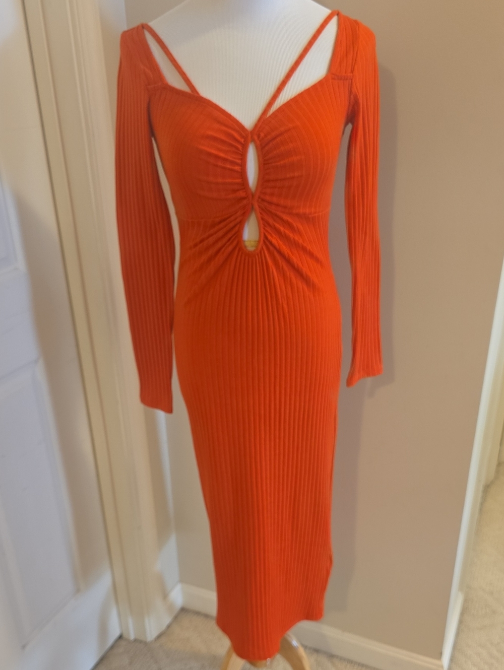 H&M Orange Ribbed Long-Sleeve Cutout Midi Dress